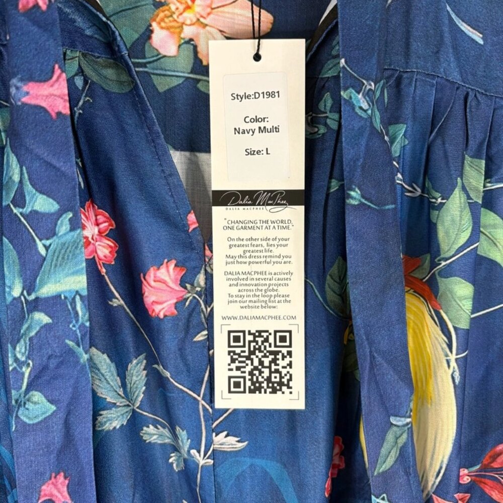 NWT Dalia Macphee Womens Navy Multi Long Sleeve Tie Neck Floral Maxi Dress Sz L - Picture 3 of 15